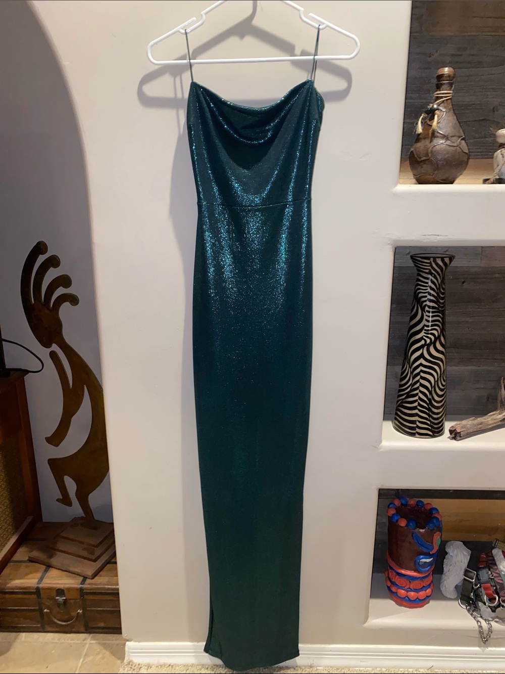 Glittery Emerald Open-Back Maxi Dress with Leg Slit